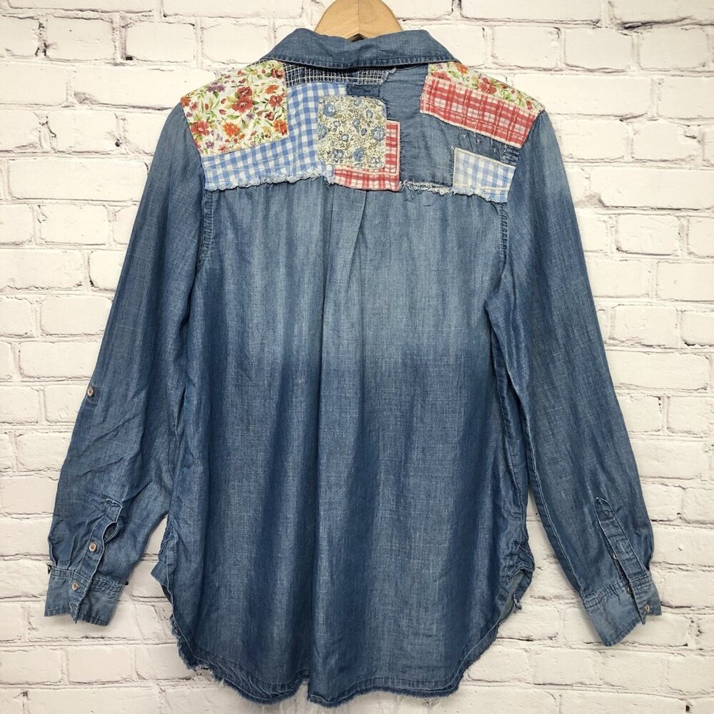 Vintage American Brigit Roll Tab Sleeve Patchwork Detailing Tunic Shirt Size L